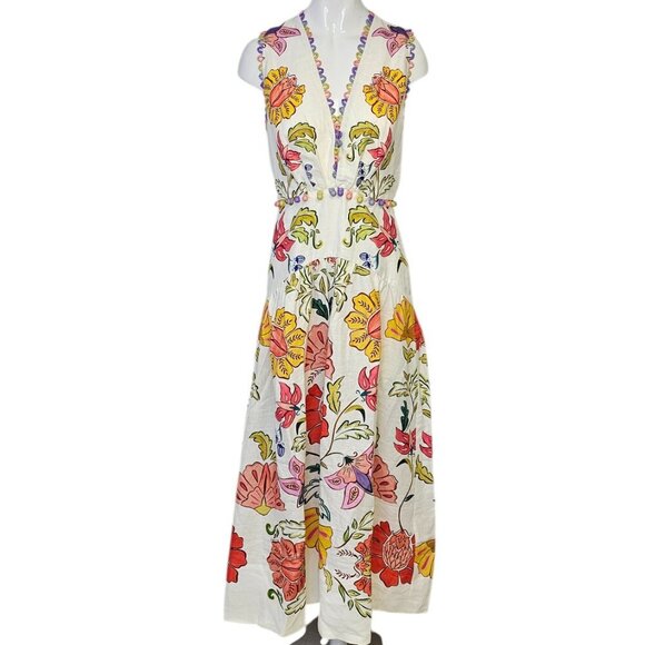 Farm Rio Floral V-Neck Sleeveless Linen Maxi Dress, Boho, Wedding Guest, XS - Picture 1 of 11